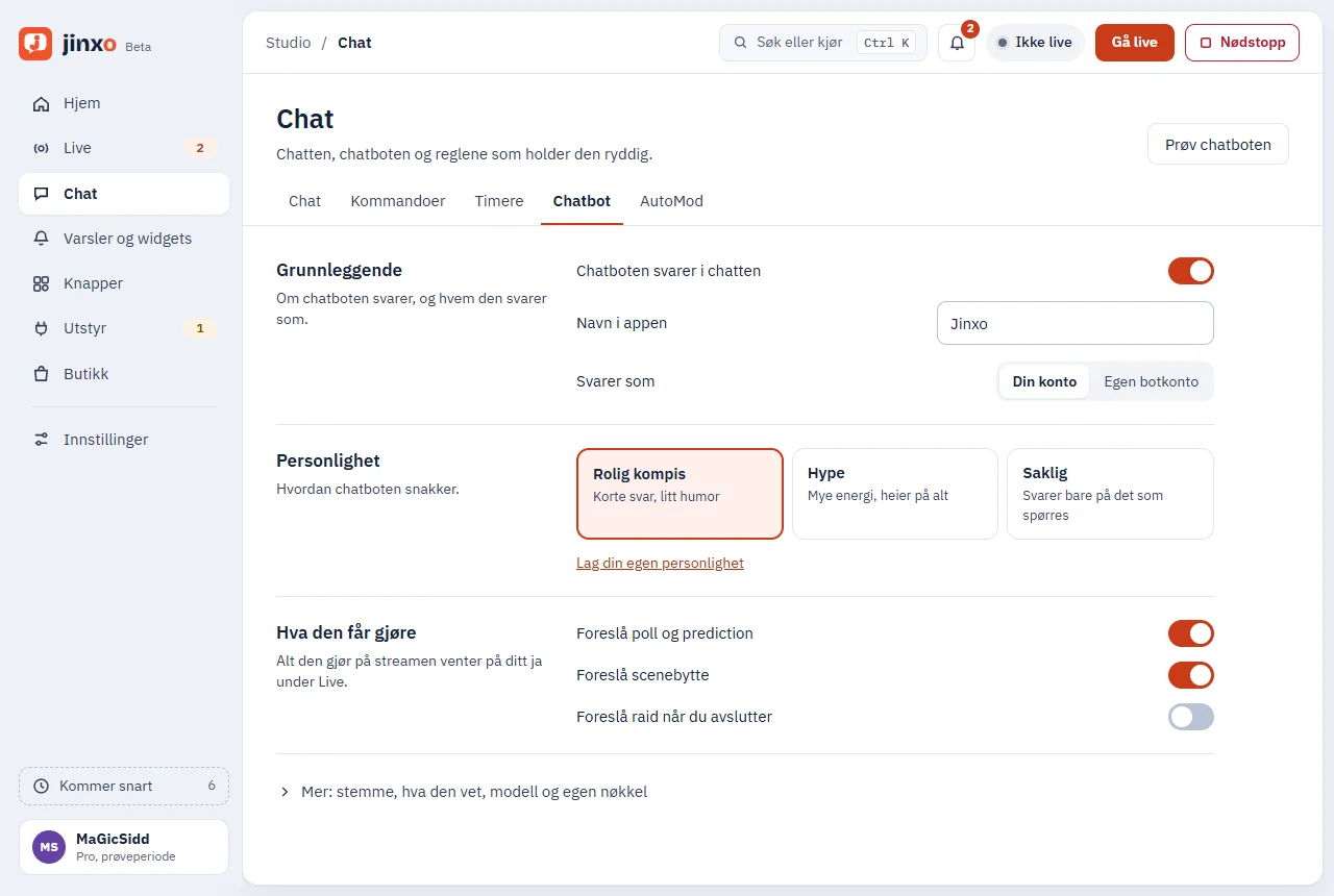 Chatbot-innstillinger i Jinxo: personlighet og hva den får gjøre